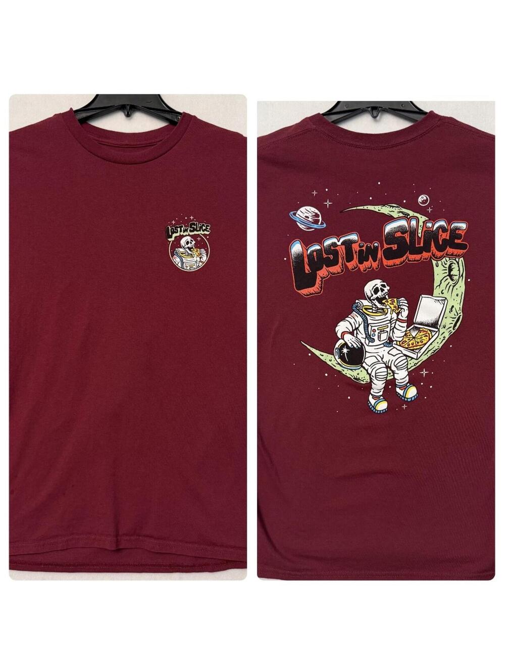 Retrofit Lost In Slice T Shirt Size Large Maroon Skeleton Pizza Moon Astronaut